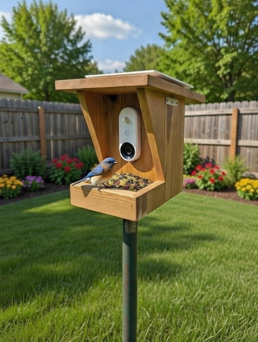 Solar Cedar Bird Feeder — Bird Buddy Compatible
