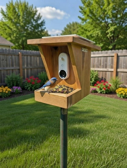 Solar Cedar Bird Feeder — Bird Buddy Compatible